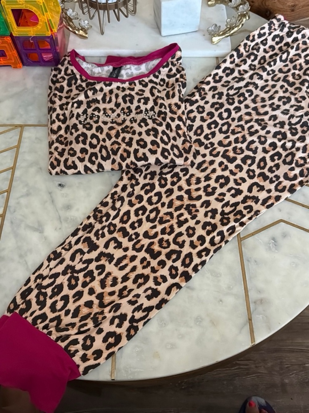 bebe Girls' Pink Leopard Print Pajama Set with Magenta Trim